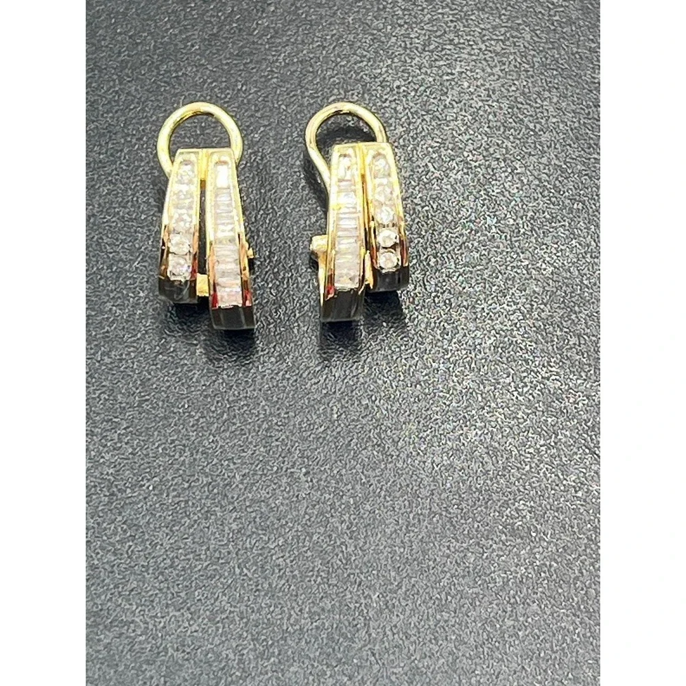 10K‎ Yellow Gold 30 Diamonds Round  Baguette Channel Huggie Hoop Omega Earrings